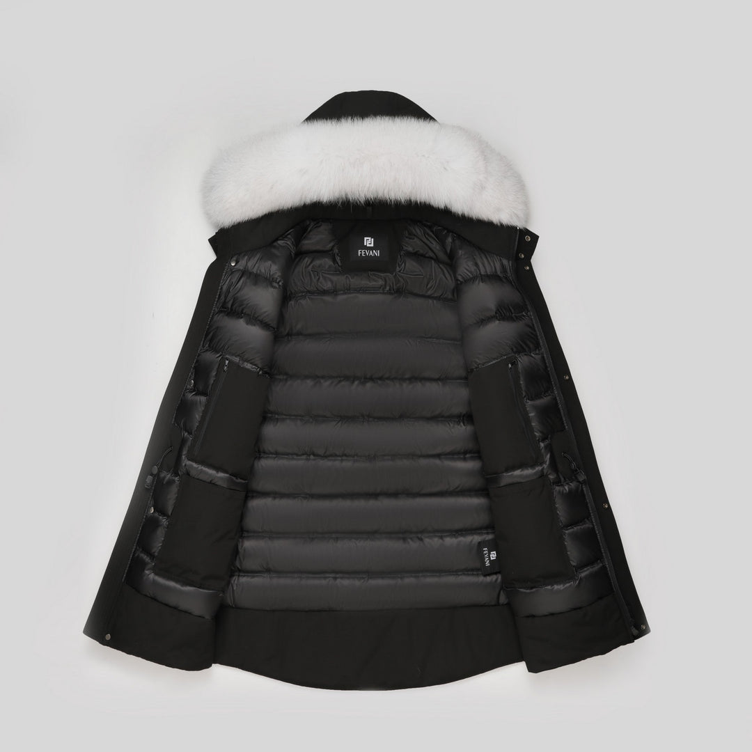 Men's Glacier Down Parka Jacket in Black (White Fox Hood Trim) FEVANI