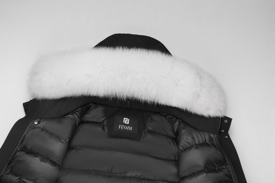 Men's Glacier Down Parka Jacket in Black (White Fox Hood Trim) FEVANI