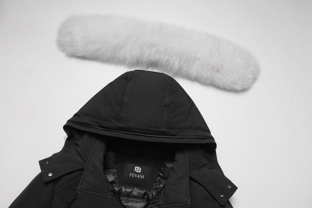 Men's Glacier Down Parka Jacket in Black (White Fox Hood Trim) FEVANI
