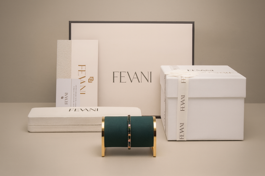 Fevani products including a box, books, and a small stand on a beige surface.