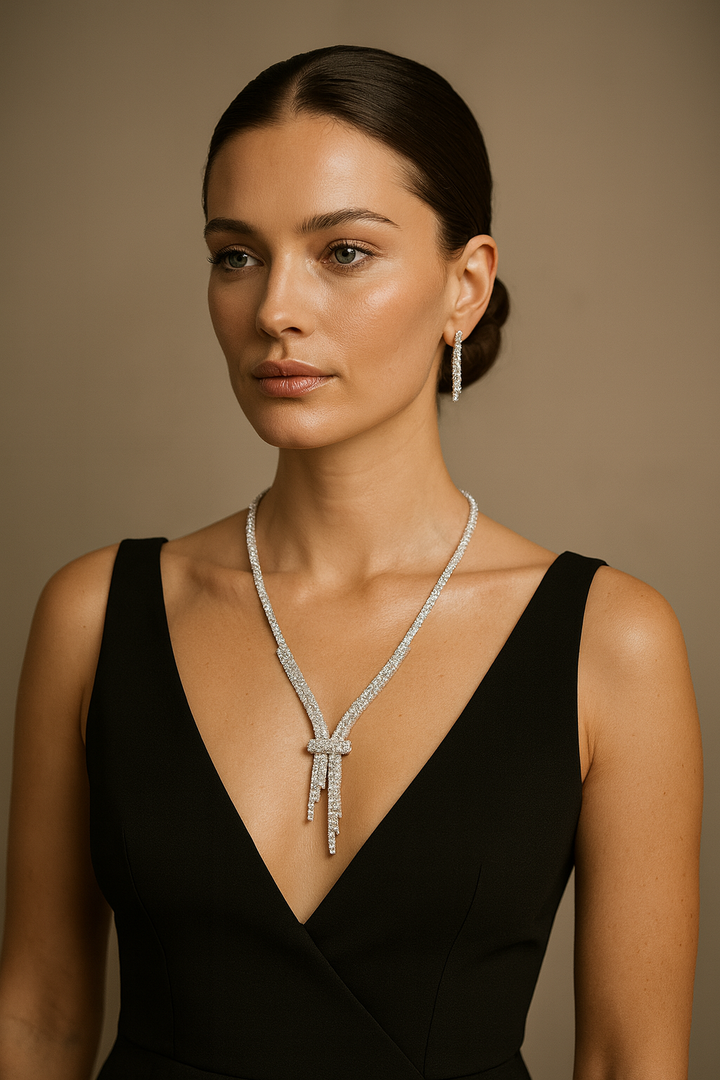 Woman wearing a black dress and diamond necklace against a neutral background