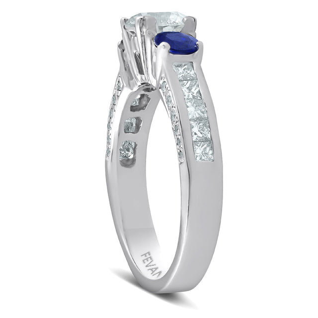 14k White Gold Three Stone Blue Diamond Sapphire Ring FEVANI