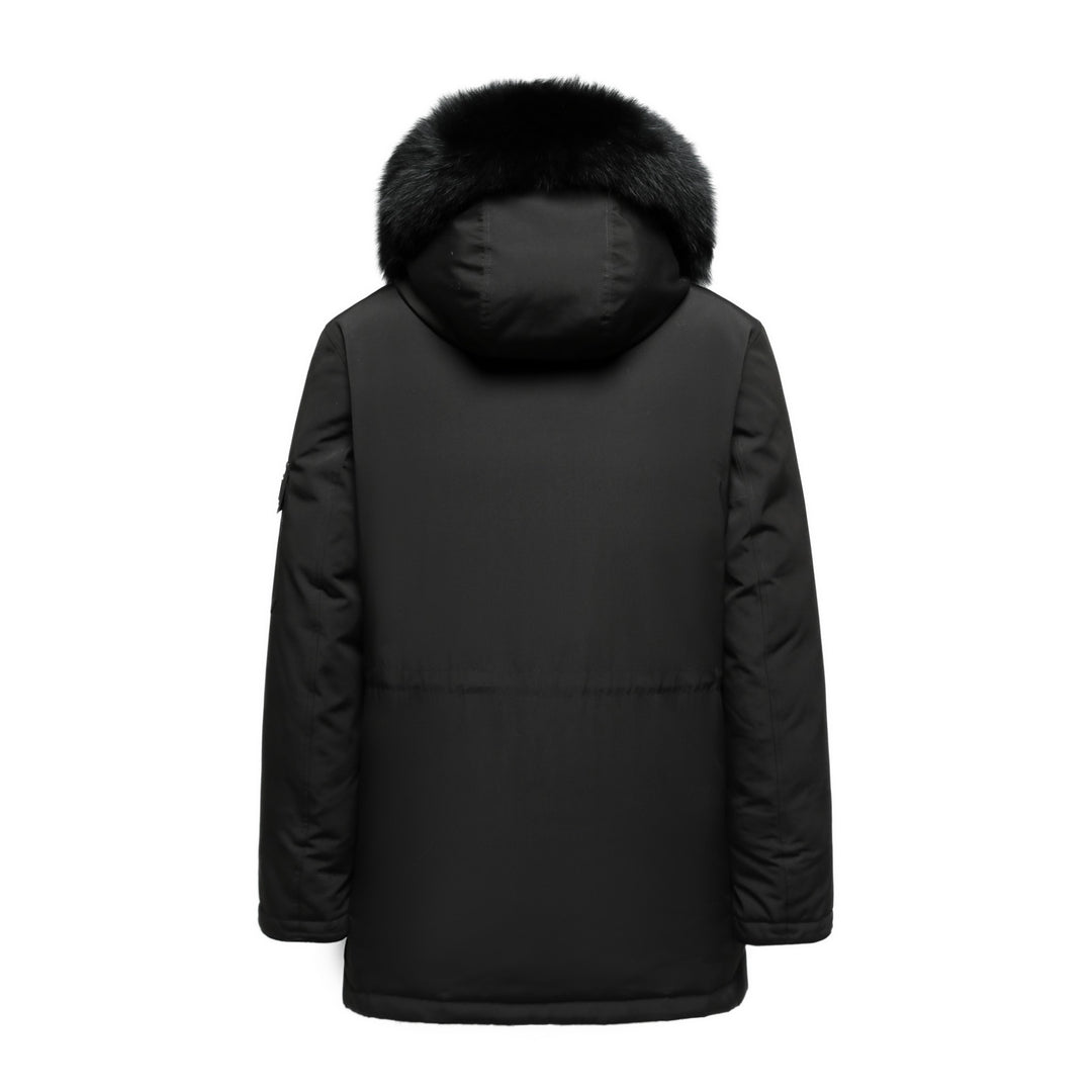Men's Grandeur Down Parka Jacket in Black (Black Fox Hood Trim) FEVANI