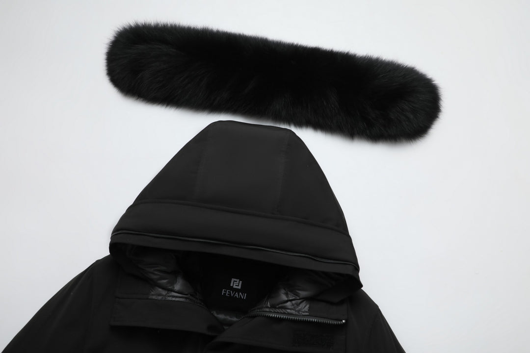 Men's Grandeur Down Parka Jacket in Black (Black Fox Hood Trim) FEVANI